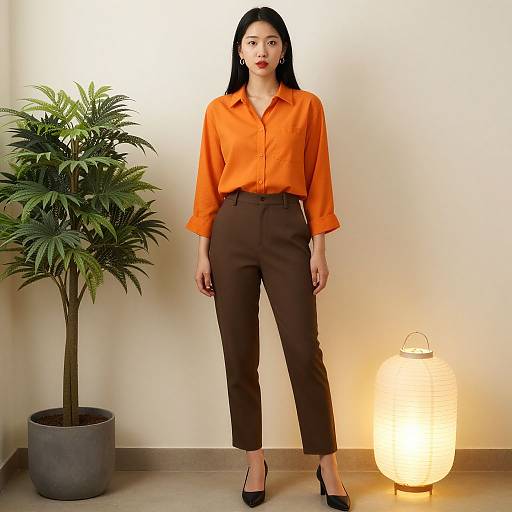 Photograph of an Asian woman with long black hair, wearing an orange blouse, brown high-waisted pants, black heels, standing beside a p
