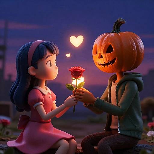 Pumpkin Head and Girl Sharing Rose