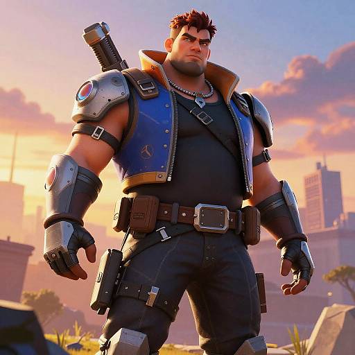 CGI image of a muscular, dark-haired man in blue and black armored jacket, black shirt, and pants, standing confidently at sunset with cityscape