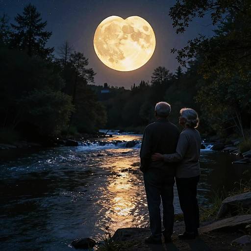 Photograph of an elderly couple standing by a river at night, gazing at a full, glowing moon, surrounded by trees.