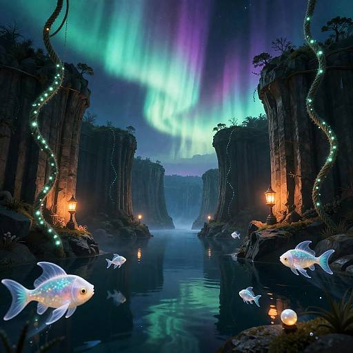 Suspended Basalt Rift Under Prismatic Aurora