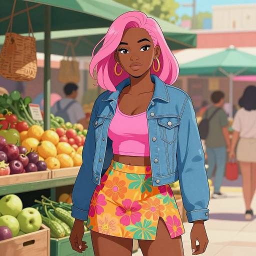 Confident Black Heroine in Vibrant Market