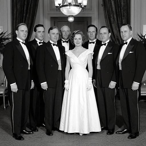 Black-and-white photograph of six men in tuxedos and one woman in a white dress, standing in a formal room.