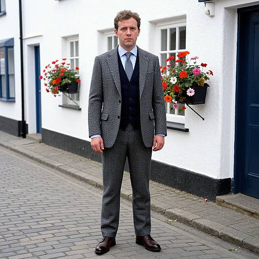 Man in Grey Houndstooth Suit on Quaint Street