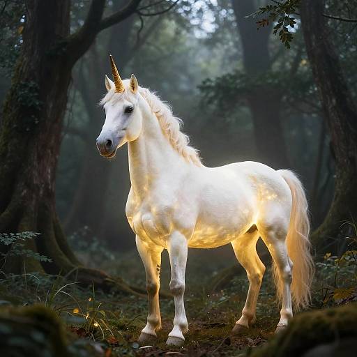 Photorealistic digital artwork of a glowing, white unicorn with a golden horn standing in a dark, misty forest.