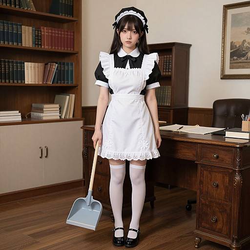 Photograph of an Asian woman in a black and white French maid outfit, standing in a wood-paneled library with bookshelves, holding a dust