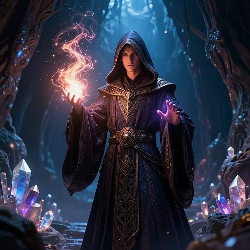 Digital fantasy artwork: mysterious hooded wizard in dark robe conjures glowing fire in forest of bioluminescent crystals, ethereal blue light.
