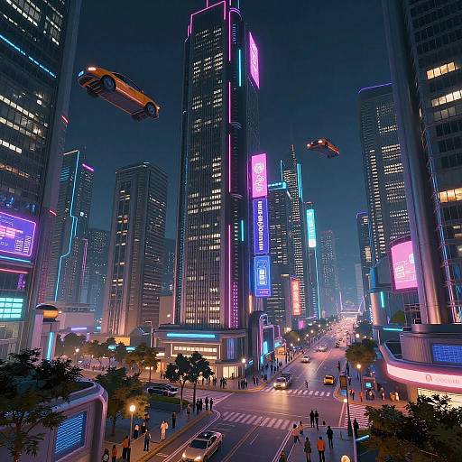 Neon-lit futuristic cityscape at night, towering skyscrapers with vibrant purple, pink, and blue lights, flying cars, busy street below