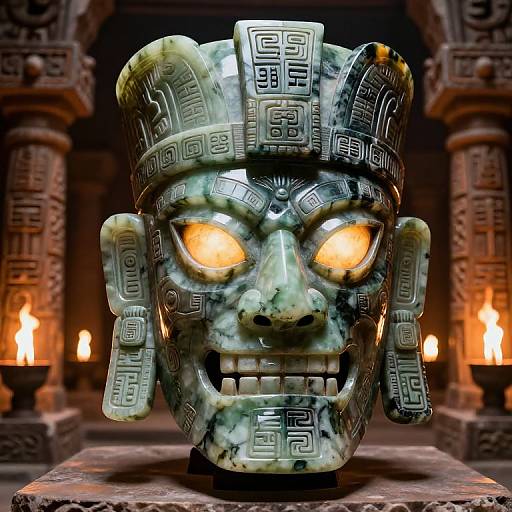 Photograph of a carved, green and black marble Aztec-style skull mask with glowing orange eyes, set against a dimly lit, ancient temple background