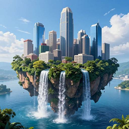 Digital artwork of a futuristic cityscape on a floating cliff with lush greenery, tall skyscrapers, and a cascading waterfall into a blue ocean