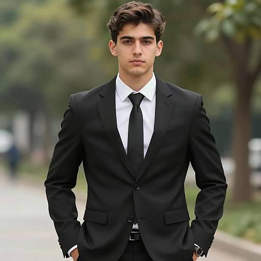 Young Man in Black Suit Outdoors