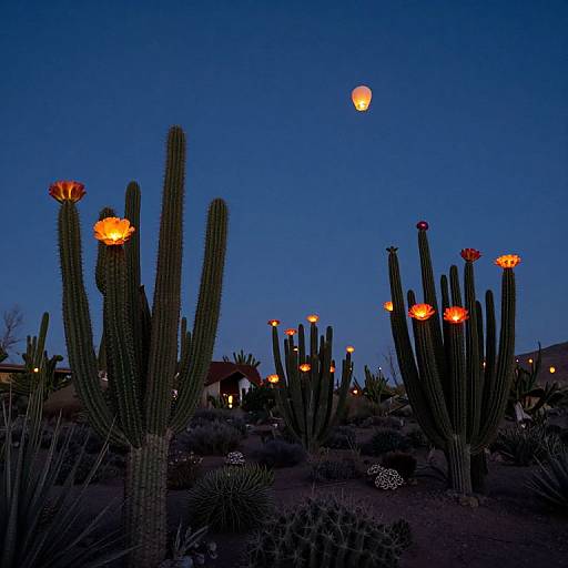 Photograph of a desert night scene with glowing, orange-lit cacti against a deep blue twilight sky, surrounded by sparse desert vegetation and distant