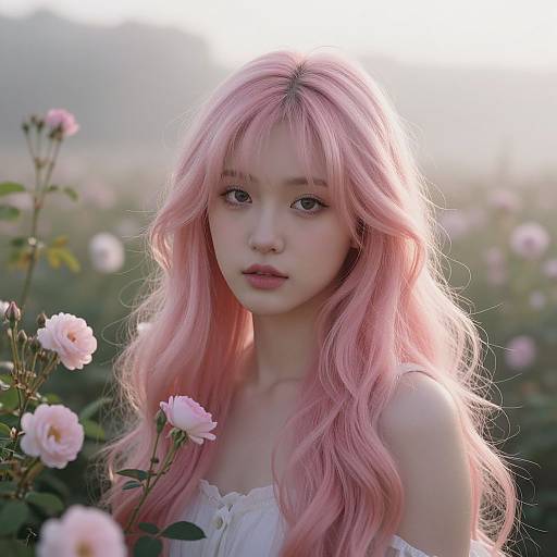 Photograph of a young Asian woman with long, wavy pink hair, wearing a white off-shoulder top, standing in a field of pink