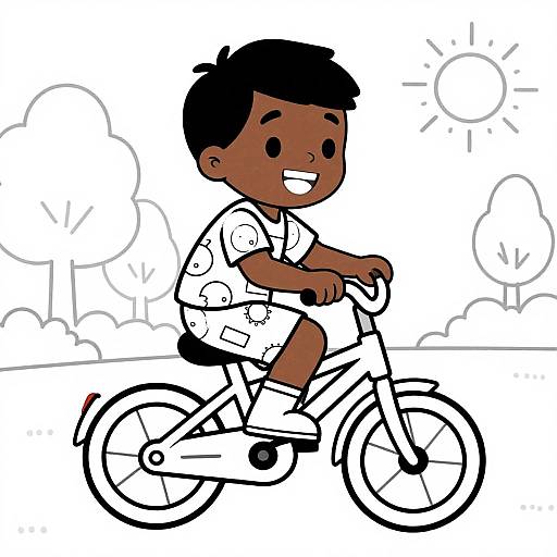 Cartoon of a smiling dark-skinned boy riding a bicycle, wearing a patterned shirt and shorts, with a sun and trees in the background.