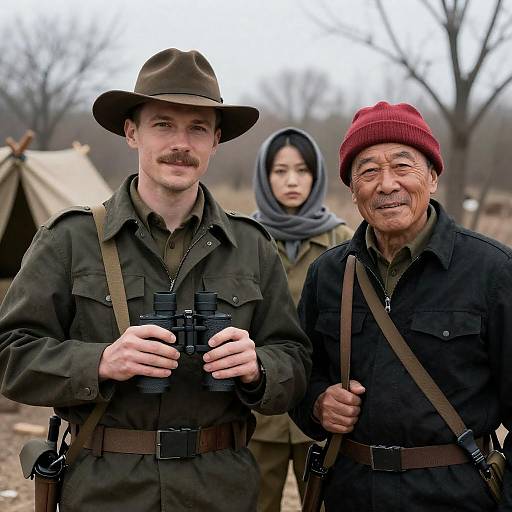 Three People in Military-Style Clothing Outdoors