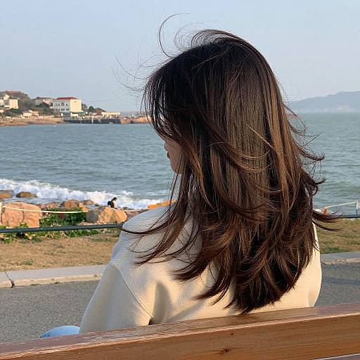 Woman with Side-Swept Layers by Sea