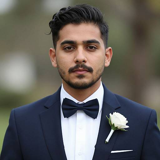 Photograph of a young man with olive skin, dark hair, and a mustache, wearing a black tuxedo, white shirt, black bow