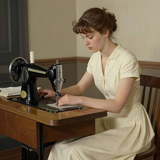 Photograph of a fair-skinned woman with brown hair in an updo, wearing a cream-colored dress, sewing on a vintage black sewing machine in