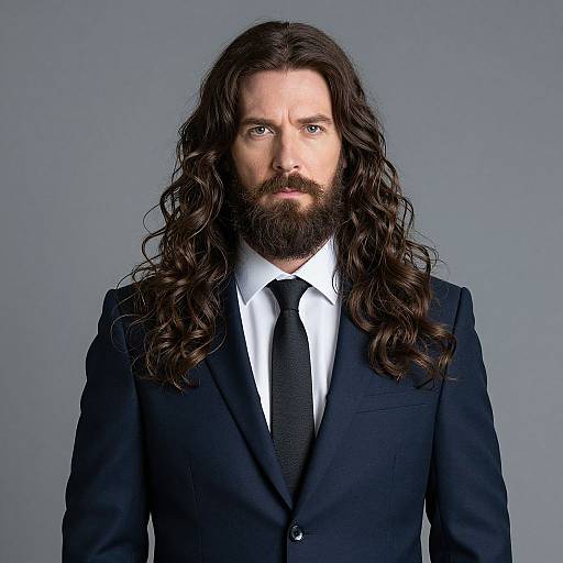 Photograph of a serious man with long, wavy brown hair and a full beard, wearing a dark blue suit, white shirt, and black tie