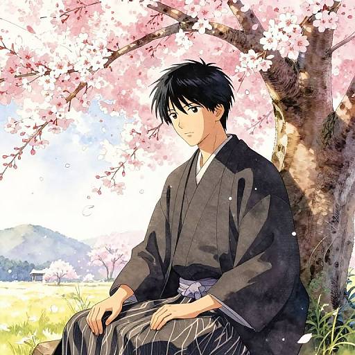 Anime-style digital drawing of a young man with black hair and green eyes, sitting under a cherry blossom tree, wearing a black kimono with white stripes