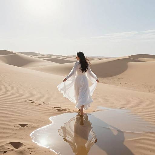 Photograph of a woman with long black hair in a white flowing dress, walking through a desert with sand dunes and a reflective puddle under a