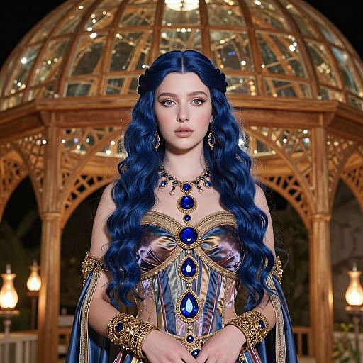 Photorealistic digital artwork of a fair-skinned woman with long, wavy blue hair, wearing an ornate, blue and gold dress adorned with