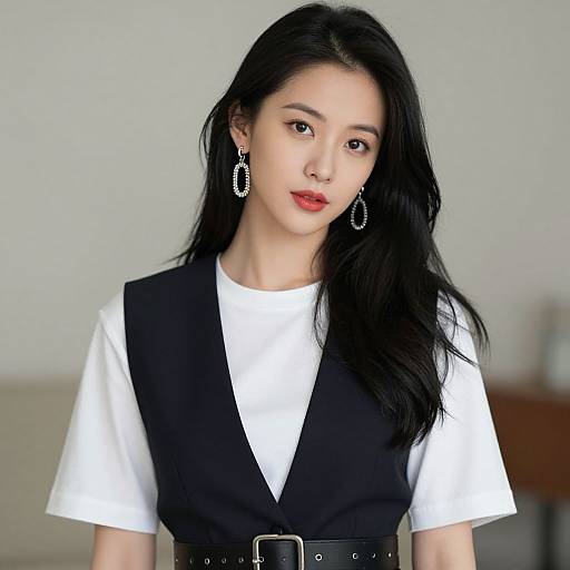 Photograph of an Asian woman with long black hair, red lipstick, wearing a white top with a black sleeveless vest, and silver drop earrings,