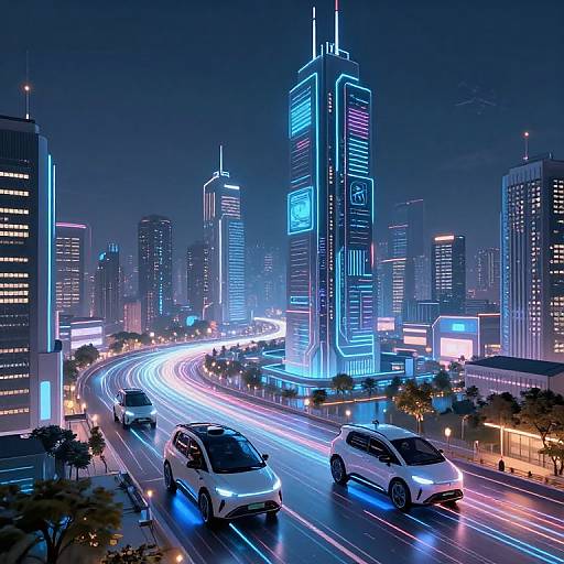 Neon-lit futuristic cityscape photograph at night, showcasing glowing skyscrapers, vibrant blue and pink lights, and streaking car headlights on a