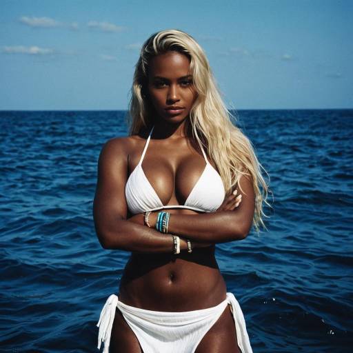Blonde Beauty in White Bikini by Ocean