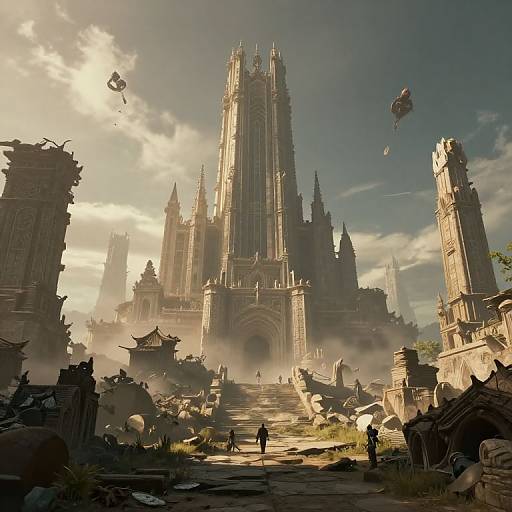 Digital fantasy artwork of a towering, gothic cathedral with intricate spires, surrounded by ruins, debris, and small figures, under a bright, cloudy