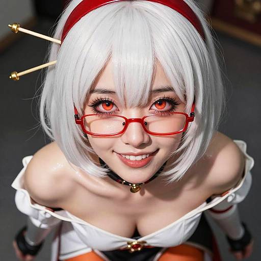 Photograph of an Asian woman with white bob haircut, red glasses, and red headband, smiling up, wearing off-shoulder white top,