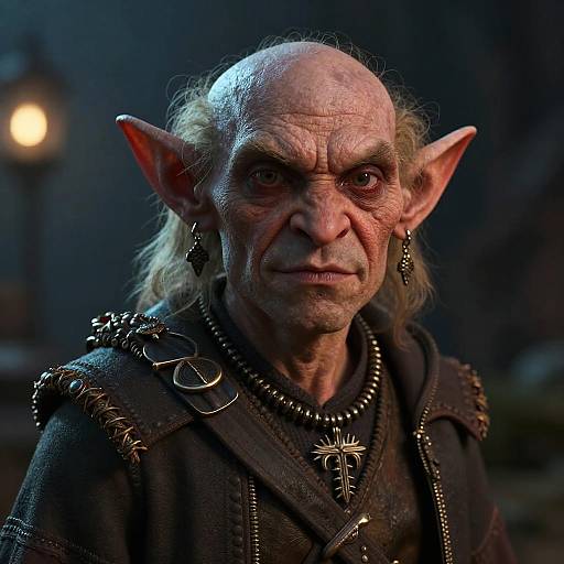 Photograph of an elderly, bald, pointy-eared male elf with wrinkled skin, wearing dark medieval attire, jewelry, and intense expression in