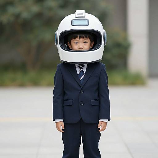 Photograph of a young Asian boy in a black suit, white helmet with a visor, standing outdoors with blurred greenery background.