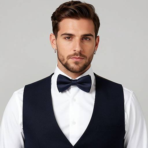 Photograph of a handsome man with dark brown hair, beard, and earrings, wearing a black vest, white shirt, and black bow tie, against
