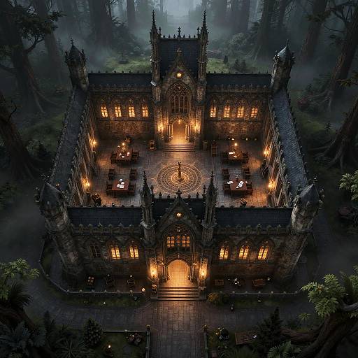 Aerial photograph of a gothic-style castle with glowing windows, intricate masonry, and illuminated central courtyard, surrounded by misty forest.