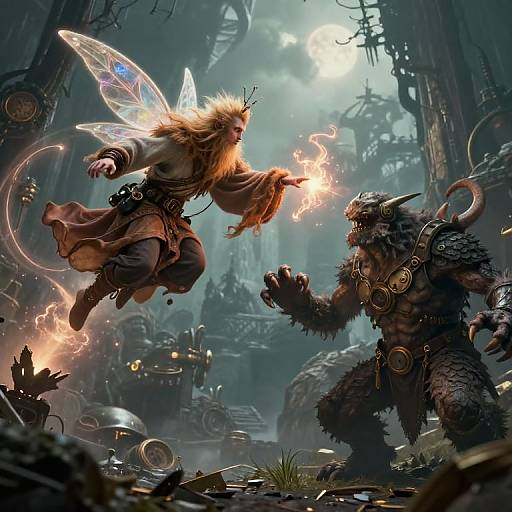 Steampunk Fairy Monk Battling Monster