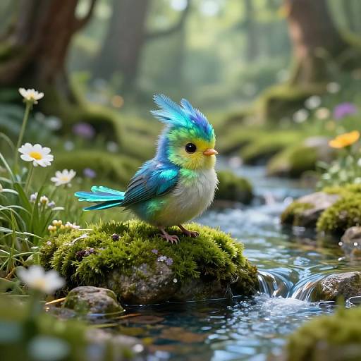 Photograph of a vibrant, blue and green bird with a spiked crest standing on a mossy rock by a flowing forest stream, surrounded by dais