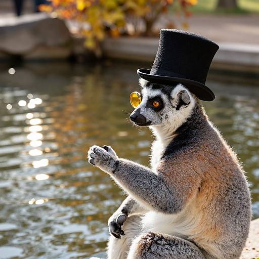 Photograph of a ring-tailed lemur wearing a black top hat and yellow-tinted glasses, sitting by a sunlit pond.
