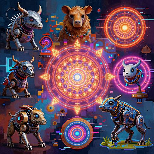 Digital art: Vibrant, neon-lit scene with five robotic, horned creatures and a central, glowing, mandala-like circle. Background features