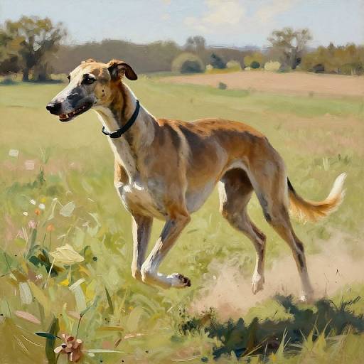 Digital painting of a brown and white Whippet dog with a black collar, running through a sunlit, grassy field with blurred trees in the background