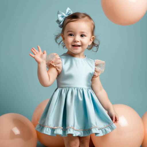 Smiling Toddler Girl in Blue Dress Waving