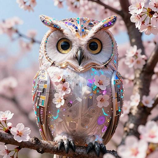 Cyberpunk Owl Among Cherry Blossoms