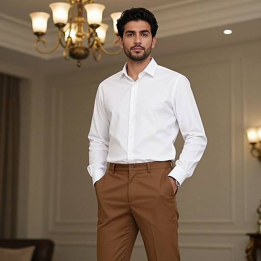 Photograph of a handsome, bearded man with dark hair, wearing a white button-up shirt and brown pants, standing with hands in pockets, in