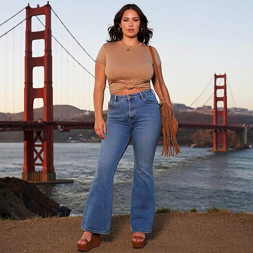 Photograph of a brunette woman with wavy hair, wearing a tan top, blue high-waisted jeans, and brown fringe sleeves, standing in