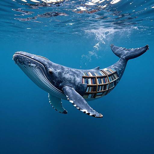 Photograph of a large humpback whale with wooden plank patterns on its back, swimming underwater in clear, blue ocean water.