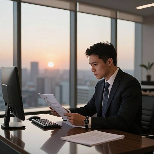Photograph of an Asian man in a dark suit, reading papers at a modern office desk with a sunset view through large windows.