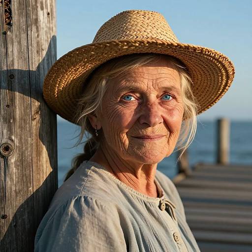Photograph of a smiling elderly woman with blue eyes, wearing a straw hat and light blue shirt, leaning against a weathered wooden post by the ocean