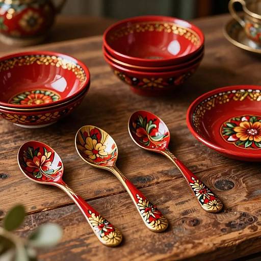 Photograph of vibrant red ceramic bowls and gold-accented floral-patterned spoons, stacked and arranged on a rustic wooden table.