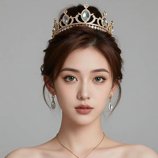 Photograph of an East Asian woman with fair skin, blue eyes, and dark brown hair, wearing a gold tiara and matching earrings, against a