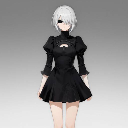 Digital anime-style drawing of a white-haired woman with an eyepatch, wearing a black, high-neck, cut-out dress, standing against a gradient